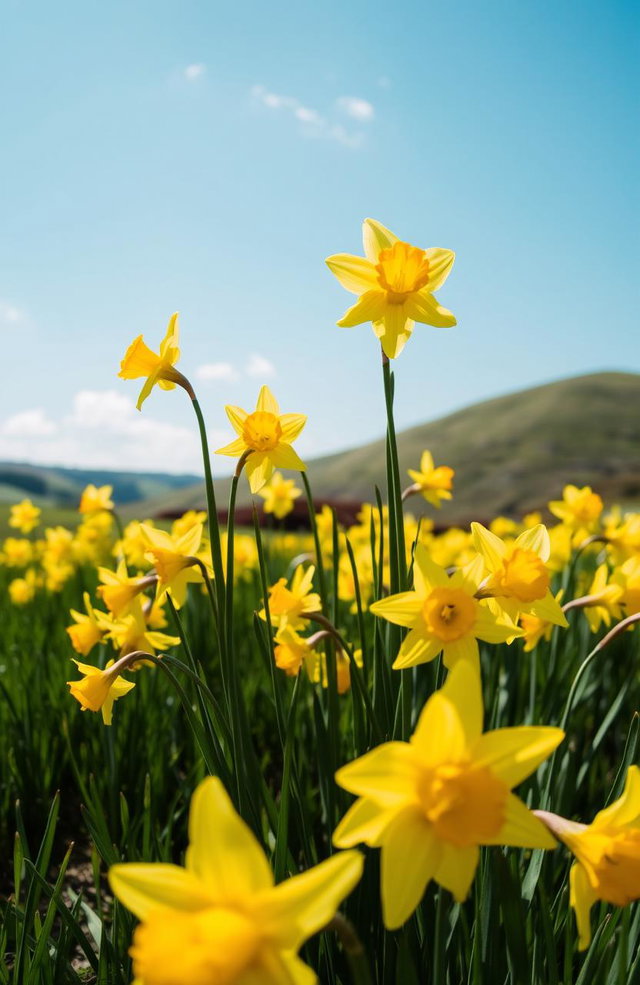 A vibrant field of blooming daffodils with bright yellow flowers swaying gently in the breeze