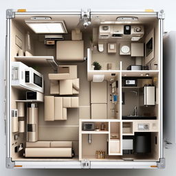 A top-view layout of a celebrity's vanity container, showcasing sections including a bathroom, sitting area, kitchenette, and makeup station, arranged for optimal functionality and luxury.