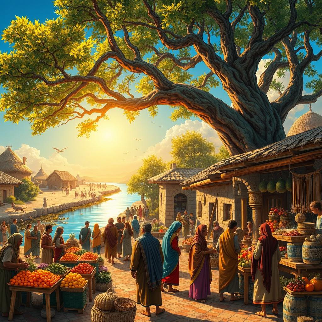 A vibrant historical market scene set in ancient times, featuring a diverse group of people engaging in trade