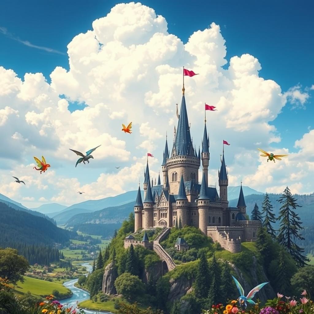 A magical landscape inspired by the Kingdom of Harry, a whimsical realm filled with enchanting forests and sparkling rivers