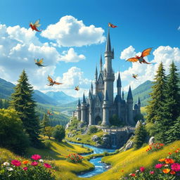 A magical landscape inspired by the Kingdom of Harry, a whimsical realm filled with enchanting forests and sparkling rivers