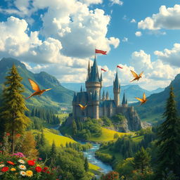 A magical landscape inspired by the Kingdom of Harry, a whimsical realm filled with enchanting forests and sparkling rivers