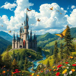 A magical landscape inspired by the Kingdom of Harry, a whimsical realm filled with enchanting forests and sparkling rivers