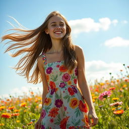 A young woman with long flowing hair, wearing a vibrant summer dress adorned with floral patterns, standing in a sunlit field of wildflowers