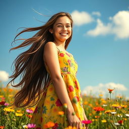 A young woman with long flowing hair, wearing a vibrant summer dress adorned with floral patterns, standing in a sunlit field of wildflowers
