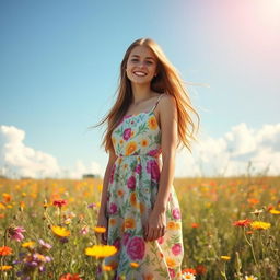 A young woman with long flowing hair, wearing a vibrant summer dress adorned with floral patterns, standing in a sunlit field of wildflowers