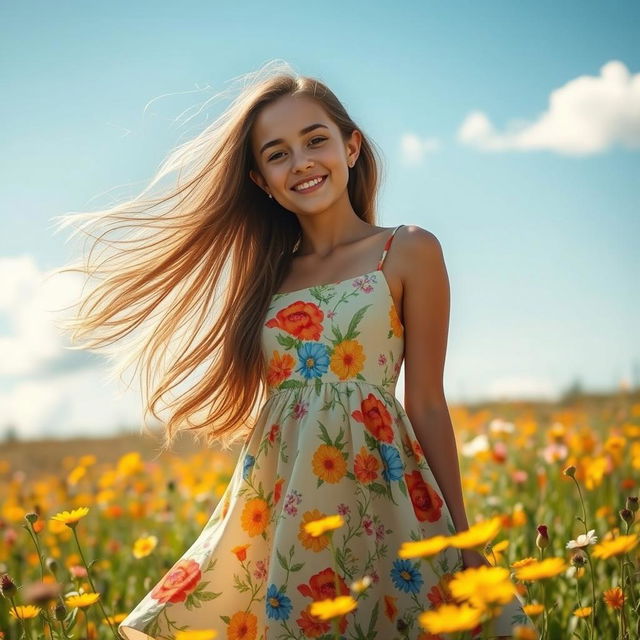 A young woman with long flowing hair, wearing a vibrant summer dress adorned with floral patterns, standing in a sunlit field of wildflowers