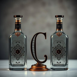 An elegant composition featuring two symmetrical bottles on either side, with the letter 'C' artistically placed in the center between them
