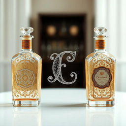 An elegant composition featuring two symmetrical bottles on either side, with the letter 'C' artistically placed in the center between them