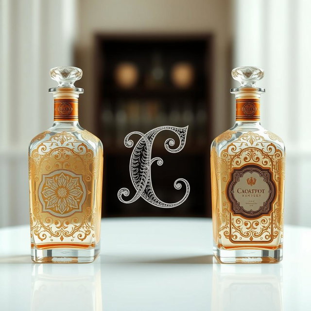 An elegant composition featuring two symmetrical bottles on either side, with the letter 'C' artistically placed in the center between them