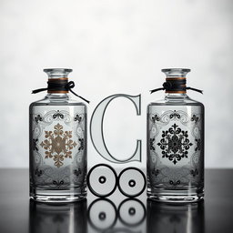 An elegant composition featuring two symmetrical bottles on either side, with the letter 'C' artistically placed in the center between them