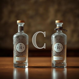 An elegant composition featuring two symmetrical bottles on either side, with the letter 'C' artistically placed in the center between them