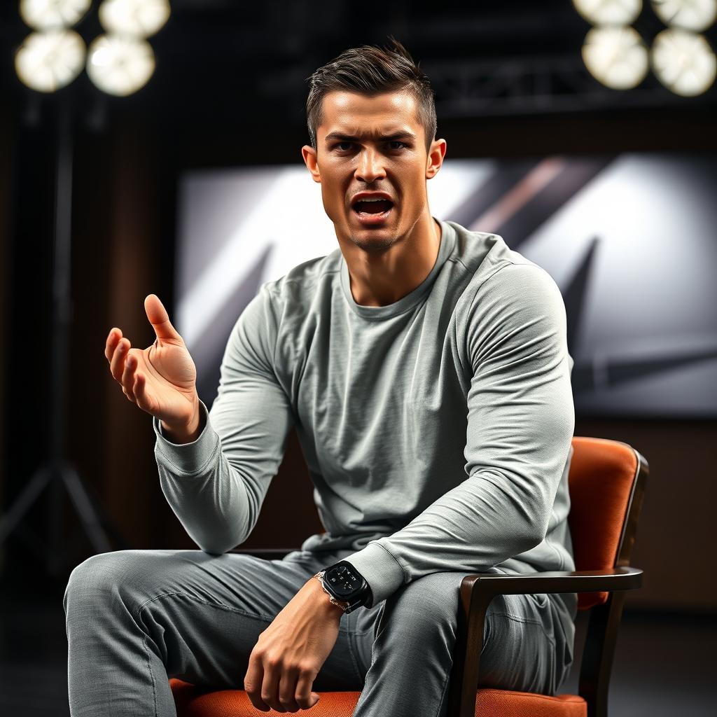 Cristiano Ronaldo sitting on a chair, expressing anger while talking to the camera