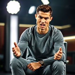 Cristiano Ronaldo sitting on a chair, expressing anger while talking to the camera