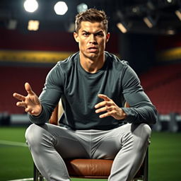 Cristiano Ronaldo sitting on a chair, expressing anger while talking to the camera