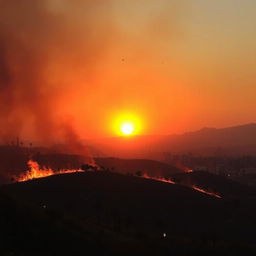 A dramatic landscape scene capturing the intensity of wildfires in Los Angeles