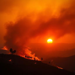 A dramatic landscape scene capturing the intensity of wildfires in Los Angeles