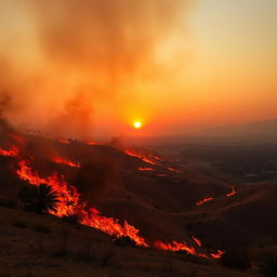 A dramatic landscape scene capturing the intensity of wildfires in Los Angeles