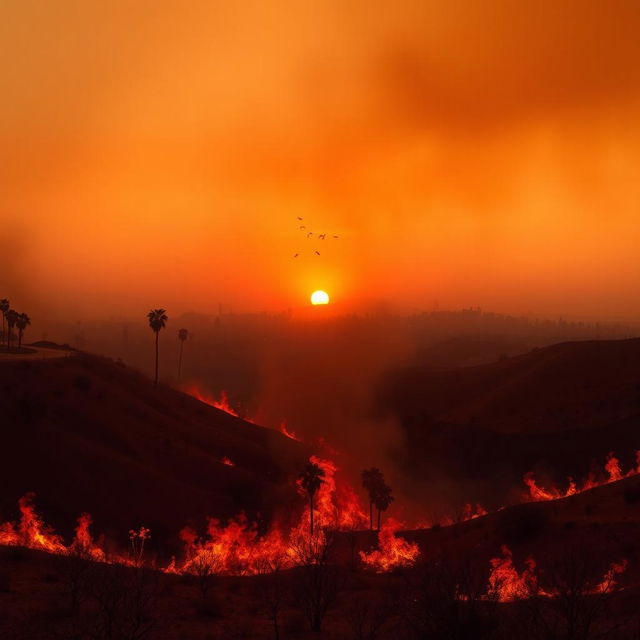 A dramatic landscape scene capturing the intensity of wildfires in Los Angeles