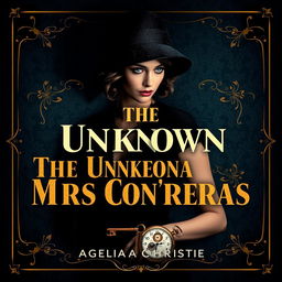A captivating vintage book cover design for an Agatha Christie-style mystery novel titled 'The Unknown Mrs