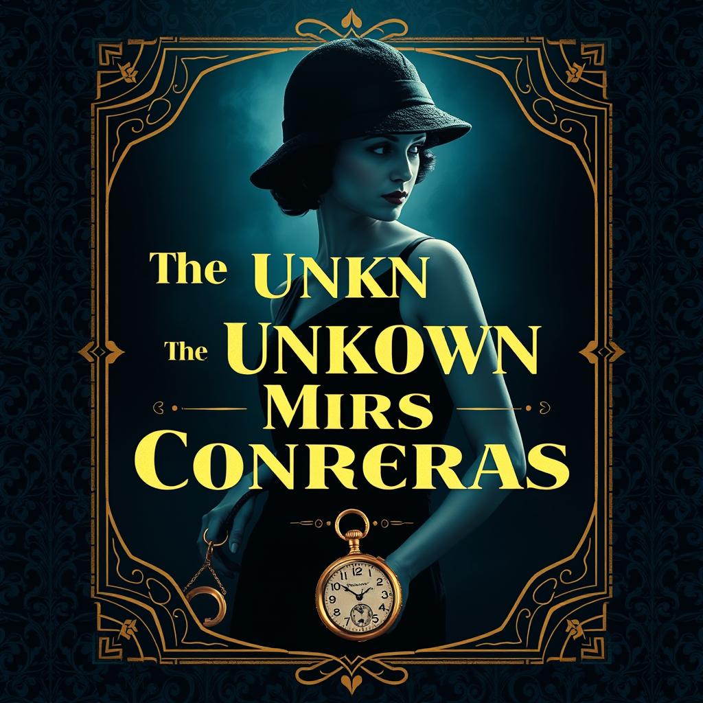 A captivating vintage book cover design for an Agatha Christie-style mystery novel titled 'The Unknown Mrs