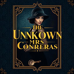 A captivating vintage book cover design for an Agatha Christie-style mystery novel titled 'The Unknown Mrs