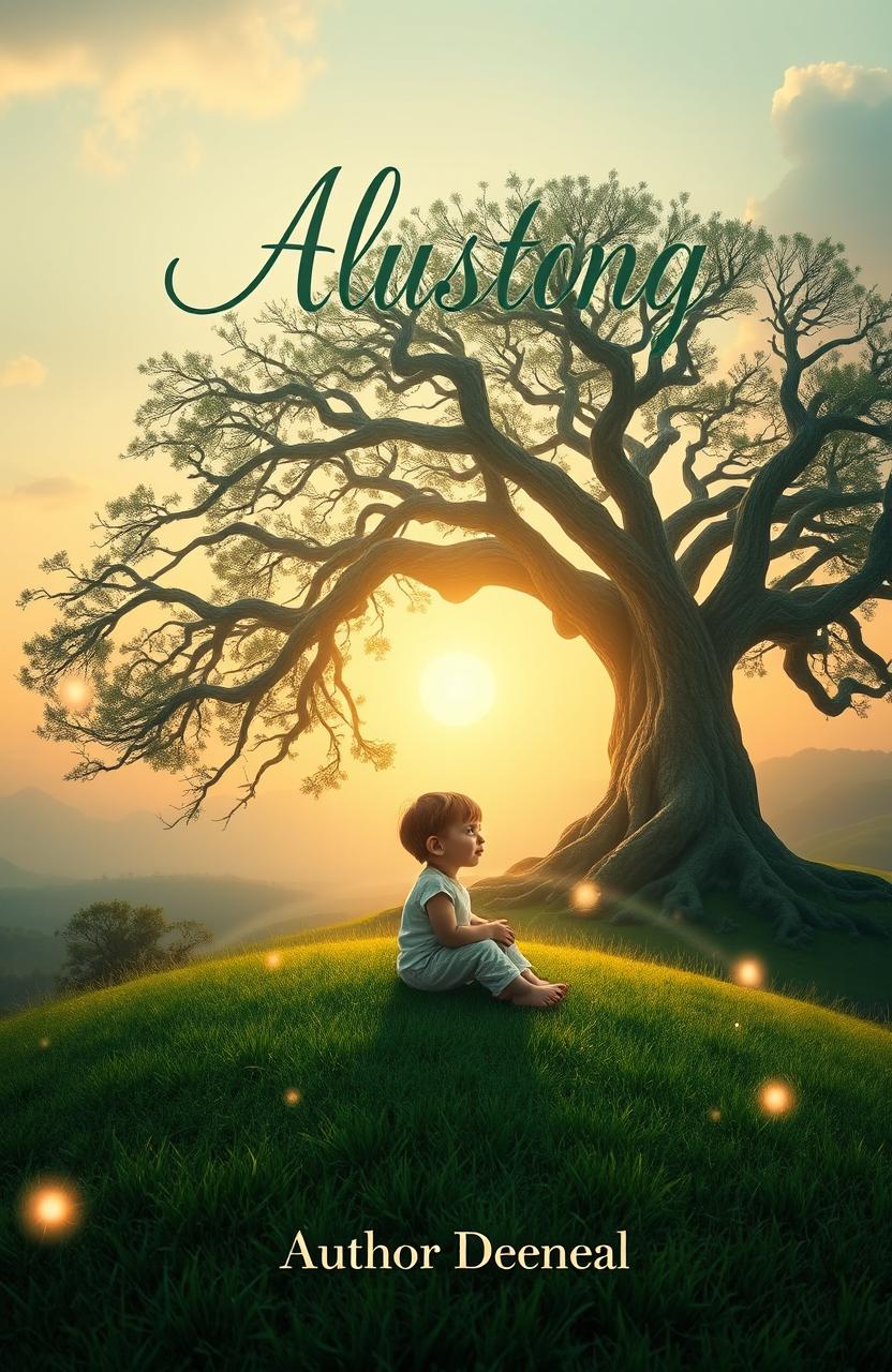 A mystical and serene book cover design featuring a child with an innocent and reflective expression, surrounded by ethereal elements like soft glowing lights and gentle wisps of clouds