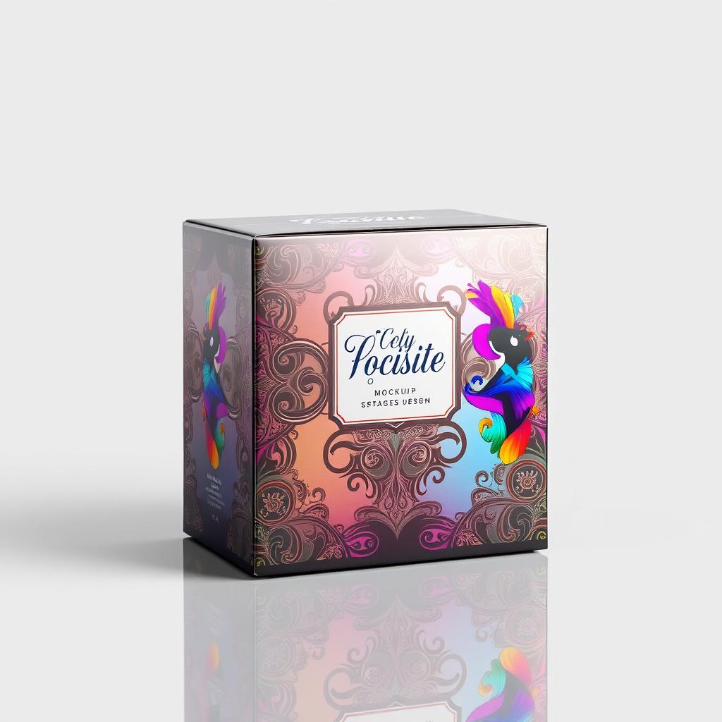 A mockup of a square-shaped packaging design, featuring a sleek and modern aesthetic