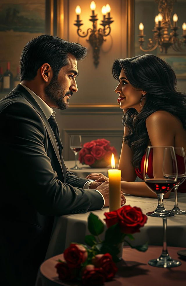 A romantic scene depicting a love story between a mafia boss and a mysterious woman in an elegant, dimly lit Italian restaurant