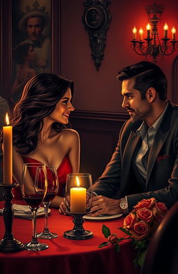 A romantic scene depicting a love story between a mafia boss and a mysterious woman in an elegant, dimly lit Italian restaurant