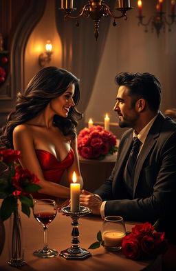 A romantic scene depicting a love story between a mafia boss and a mysterious woman in an elegant, dimly lit Italian restaurant