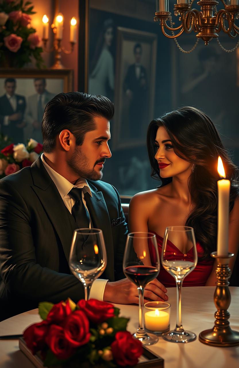 A romantic scene depicting a love story between a mafia boss and a mysterious woman in an elegant, dimly lit Italian restaurant