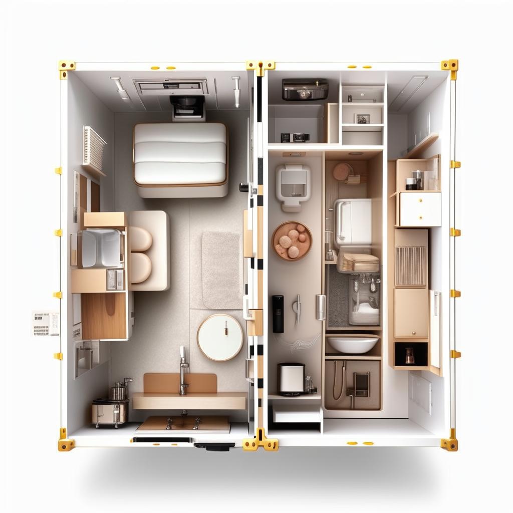 A top-view layout of a celebrity's vanity container, showcasing sections including a bathroom, sitting area, kitchenette, and makeup station, arranged for optimal functionality and luxury.