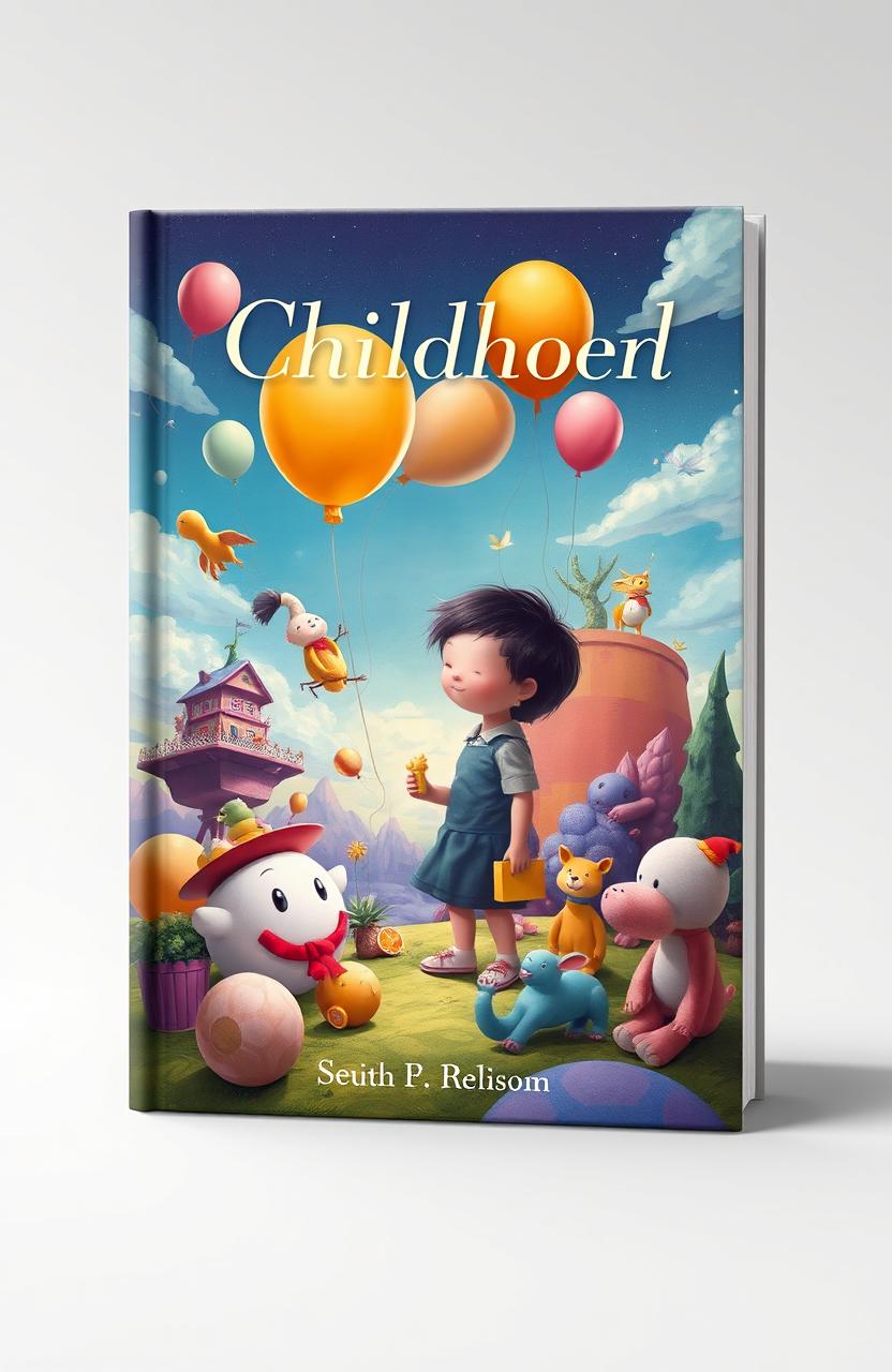 A book cover design illustrating a surreal scene where a child is depicted in a fantastical environment, symbolizing the theme of remaining in a state of childhood