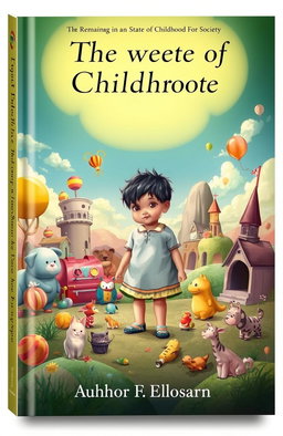 A book cover design illustrating a surreal scene where a child is depicted in a fantastical environment, symbolizing the theme of remaining in a state of childhood