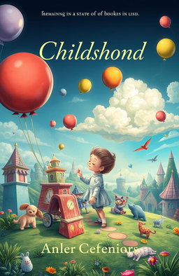 A book cover design illustrating a surreal scene where a child is depicted in a fantastical environment, symbolizing the theme of remaining in a state of childhood