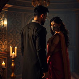 A romantic scene set against the backdrop of an Indian mafia story, featuring a mysterious connection between a mafia leader and a woman