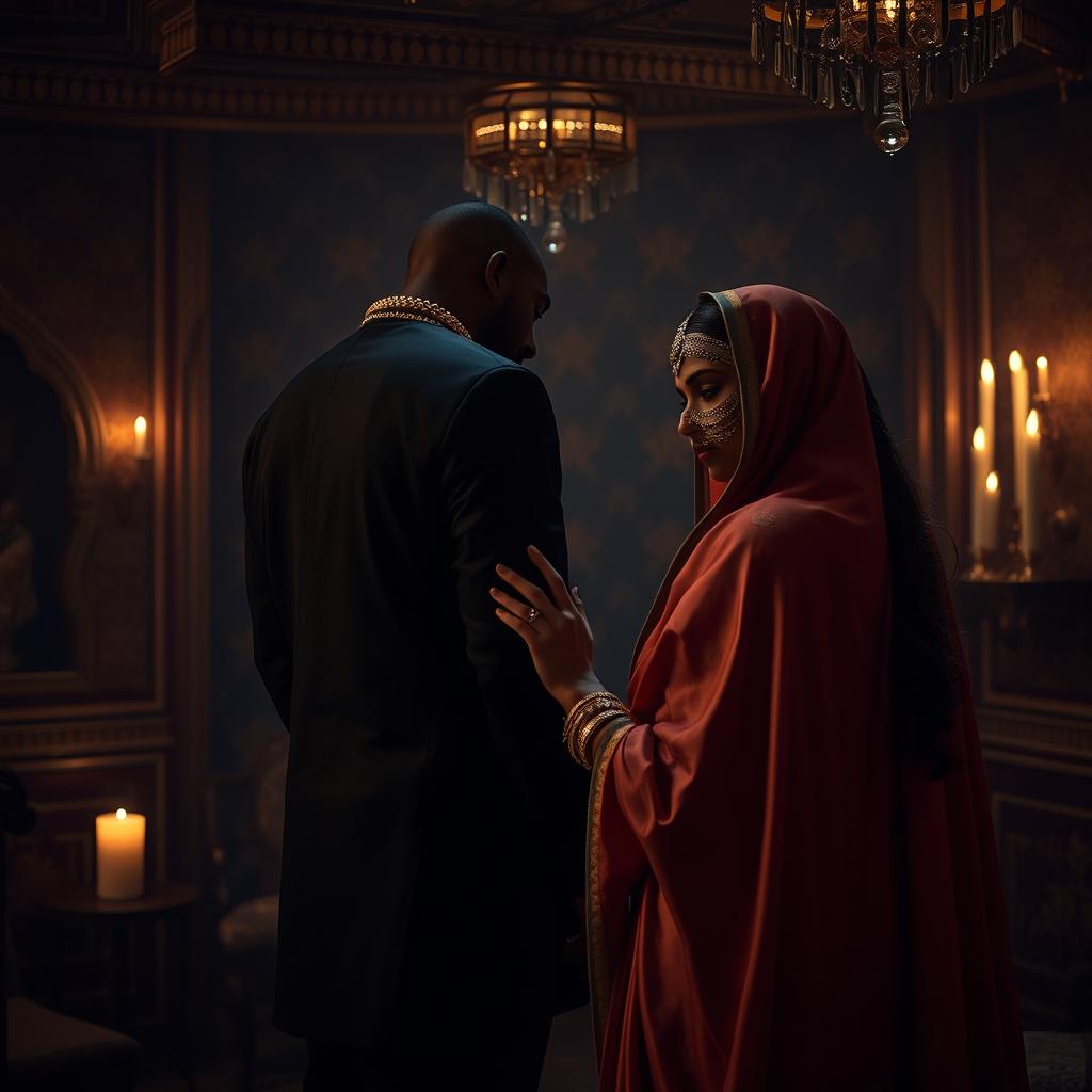 A romantic scene set against the backdrop of an Indian mafia story, featuring a mysterious connection between a mafia leader and a woman