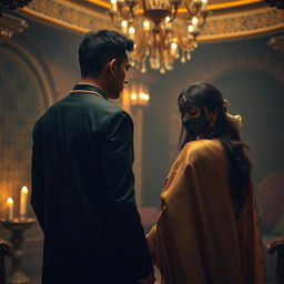 A romantic scene set against the backdrop of an Indian mafia story, featuring a mysterious connection between a mafia leader and a woman