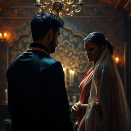 A romantic scene set against the backdrop of an Indian mafia story, featuring a mysterious connection between a mafia leader and a woman