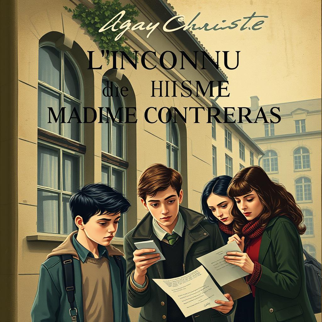 A striking vintage book cover design for an Agatha Christie-style mystery novel titled 'L’Inconnu de Madame Contreras'