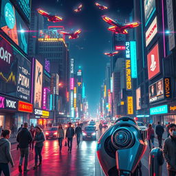 A captivating digital artwork depicting a futuristic scene with advanced artificial intelligence technology displayed in a vibrant cityscape