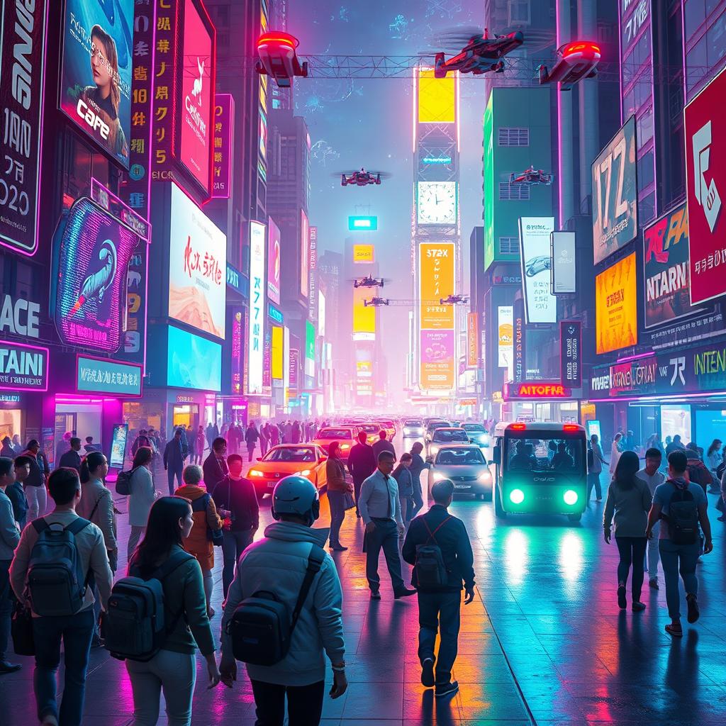 A captivating digital artwork depicting a futuristic scene with advanced artificial intelligence technology displayed in a vibrant cityscape