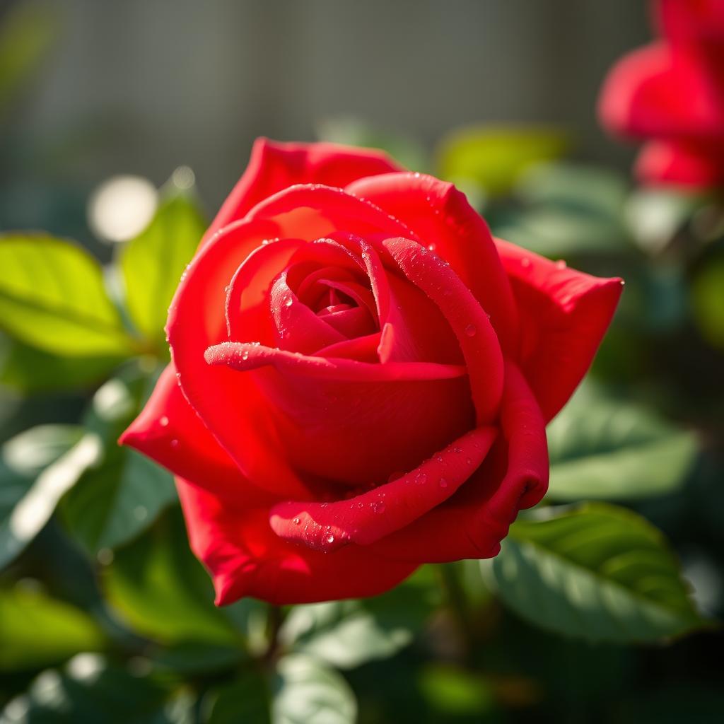 A close-up image of a vibrant red rose flower in full bloom, with dewdrops glistening on its petals under soft morning light