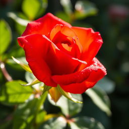 A close-up image of a vibrant red rose flower in full bloom, with dewdrops glistening on its petals under soft morning light