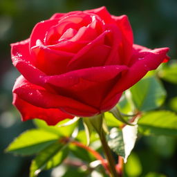 A close-up image of a vibrant red rose flower in full bloom, with dewdrops glistening on its petals under soft morning light