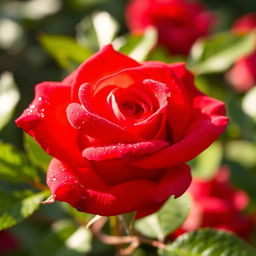 A close-up image of a vibrant red rose flower in full bloom, with dewdrops glistening on its petals under soft morning light