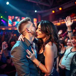 A vibrant scene where a man is passionately kissing a famous female singer resembling Natti Natasha