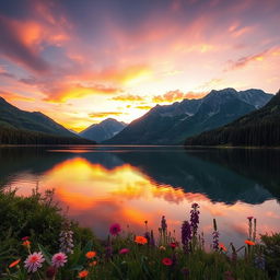 A stunning and serene landscape featuring a tranquil lake surrounded by majestic mountains