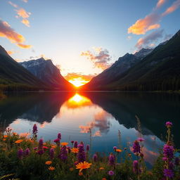 A stunning and serene landscape featuring a tranquil lake surrounded by majestic mountains